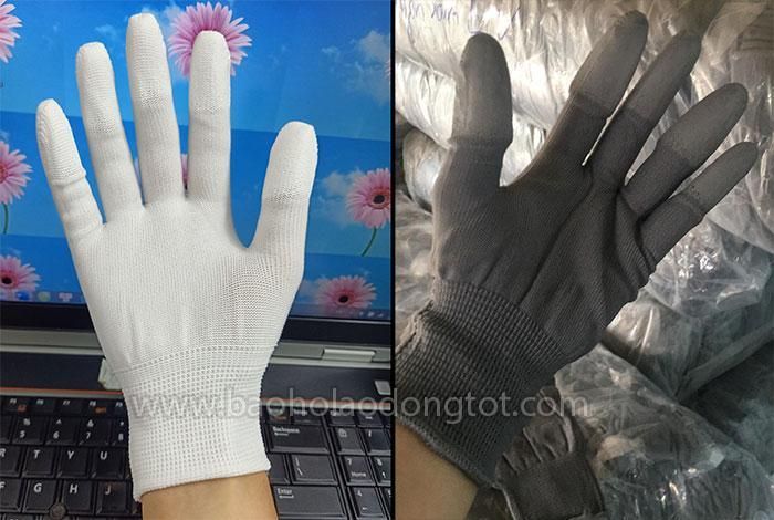 Găng tay sợi polyester đầu ngón phủ Pu màu trắng và màu xám